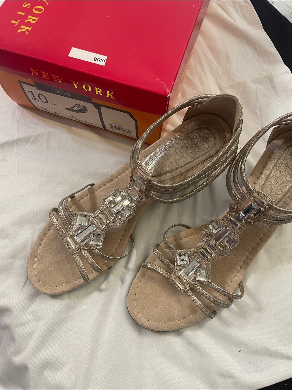 New York Transit Gold Jeweled T-Strap Sandals